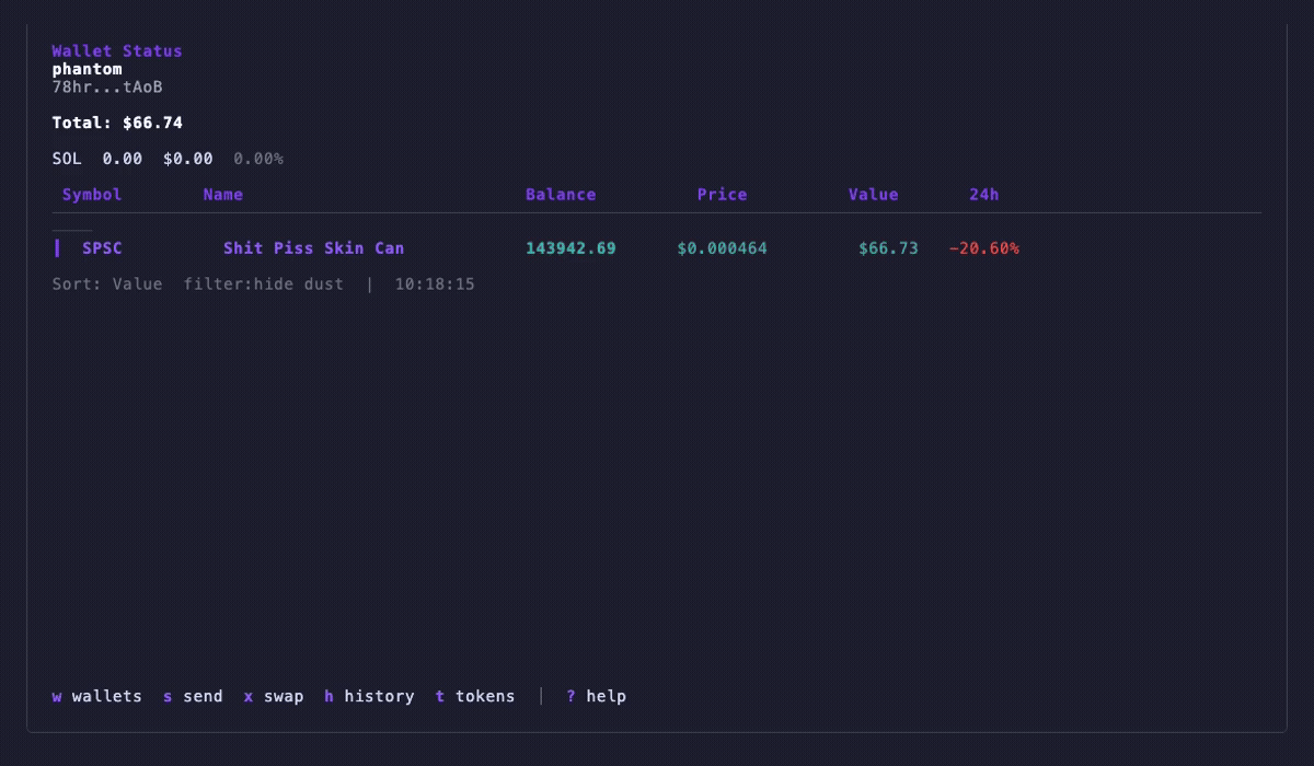 Hound terminal UI showing portfolio with SOL balance, SPL tokens, USD values and 24h changes